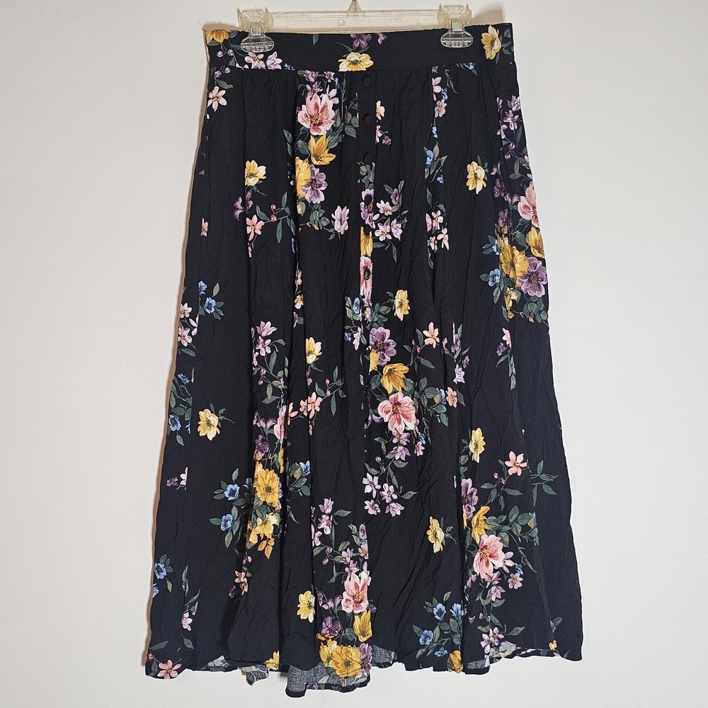 Torrid Skirt Womens 00 Black Yellow Floral Button Front Midi Flowy Rayon Boho